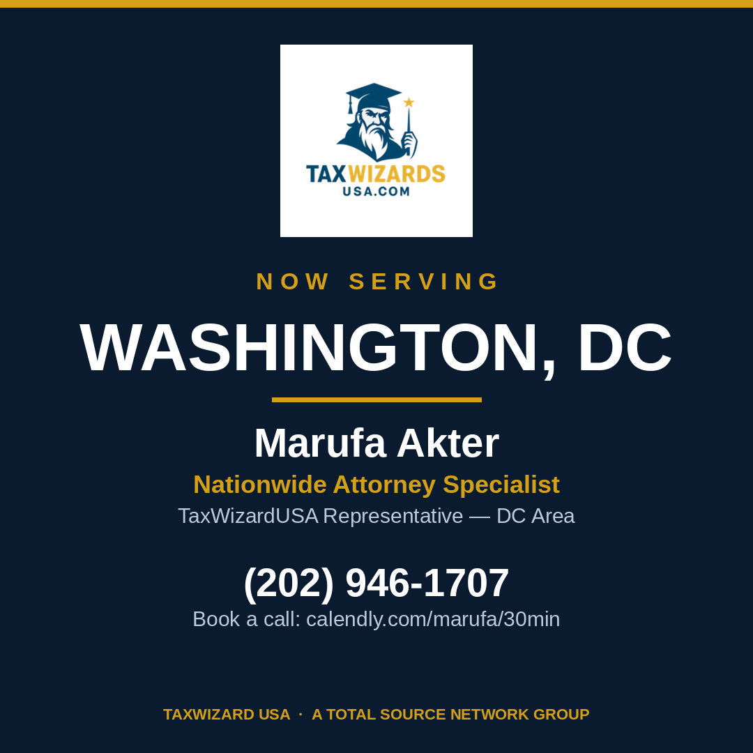 TaxWizardUSA Washington DC announcement graphic, square