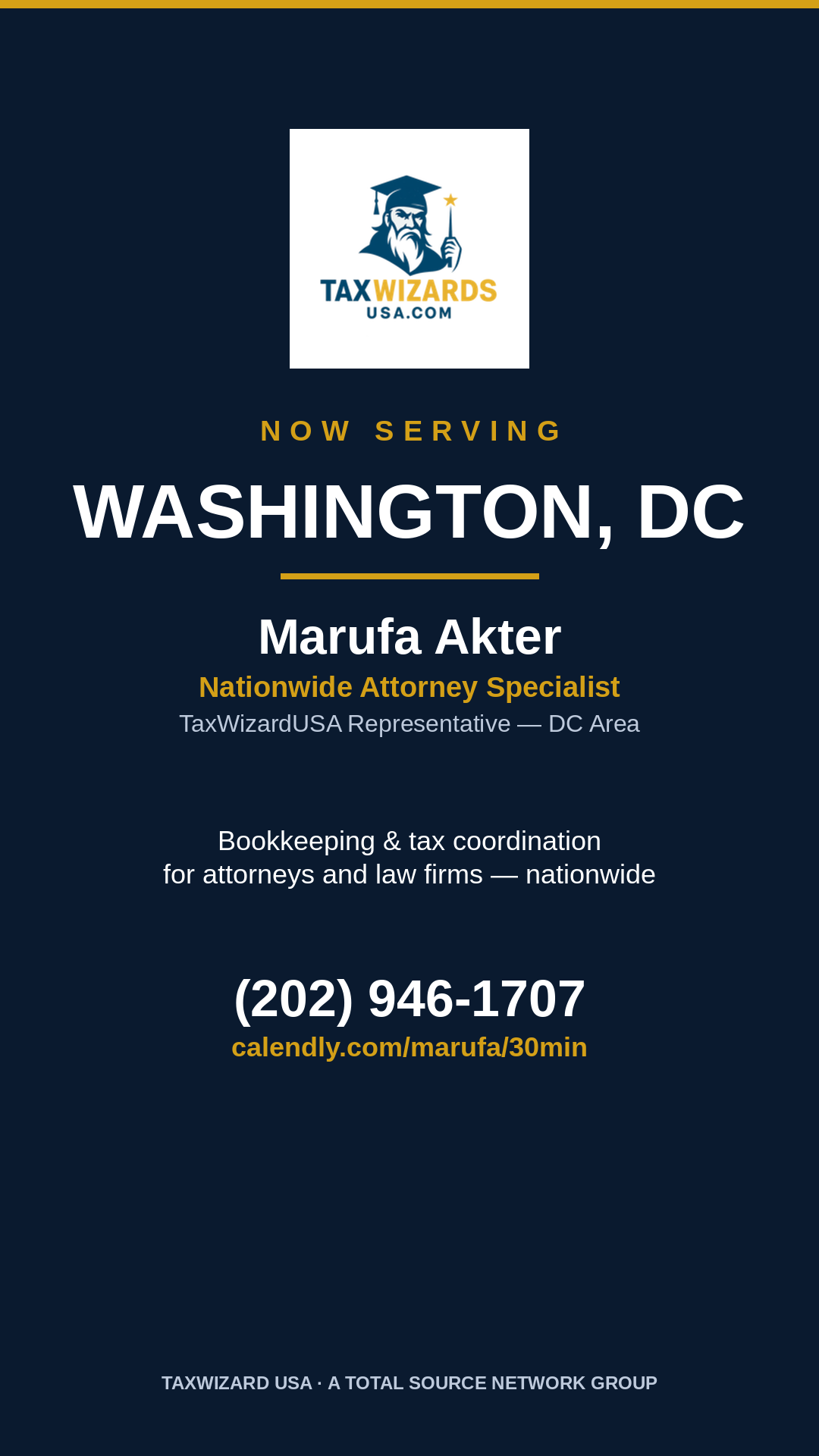 TaxWizardUSA Washington DC announcement graphic, vertical