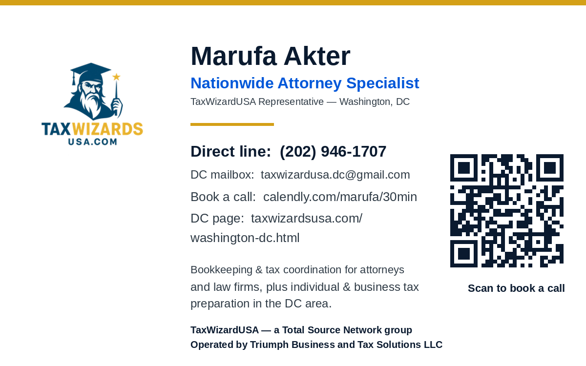 Marufa Akter contact card with QR code to book a call